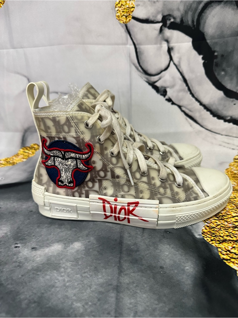 Dior B23 High-Top Sneaker in White/Gray with Red Logo Patch Womens size 38